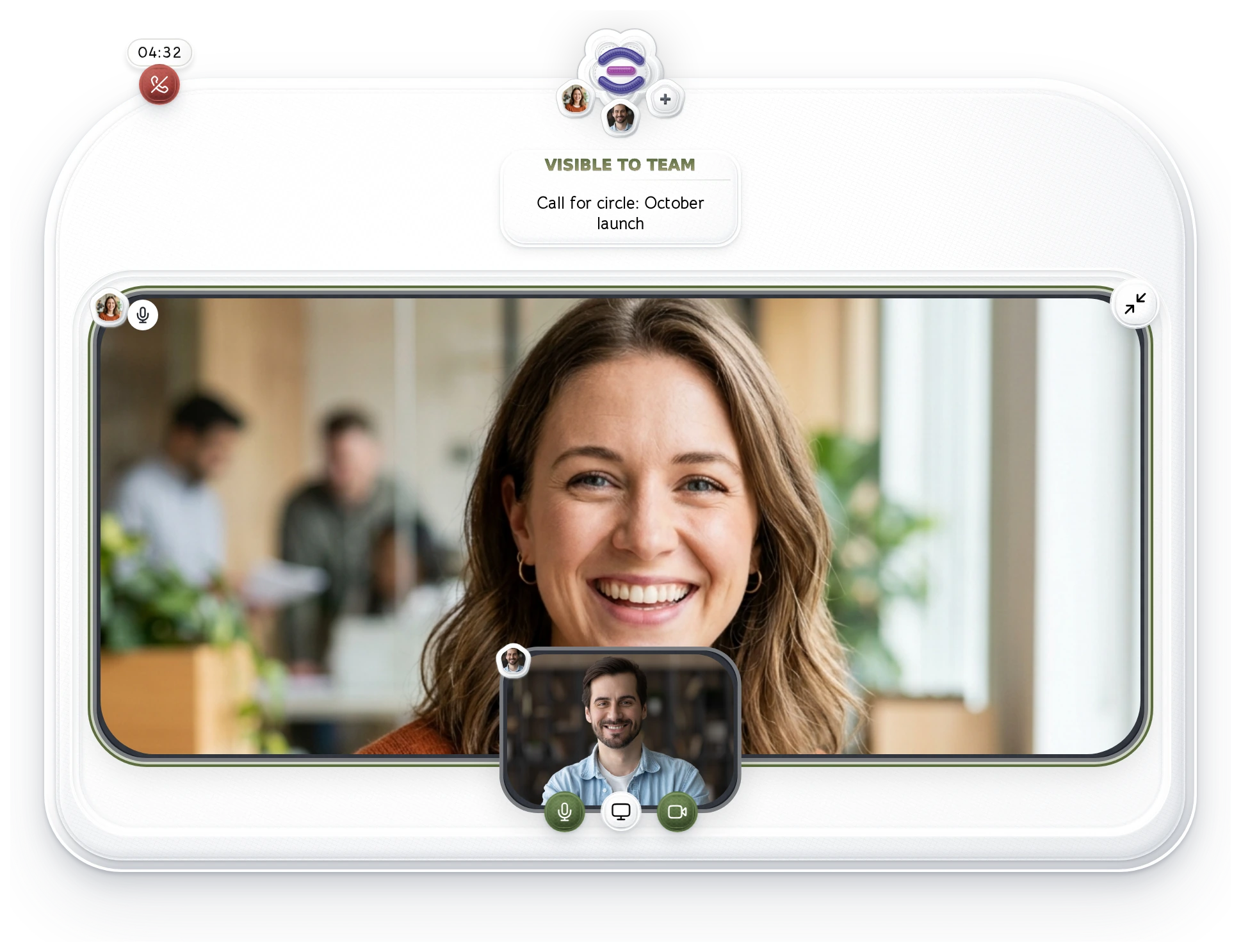Knit’s October launch meeting with its participant header and hang-up timer. Maya is the main speaker; Dev appears in the smaller view with microphone, screen-share, and camera controls. Illustrative participants.