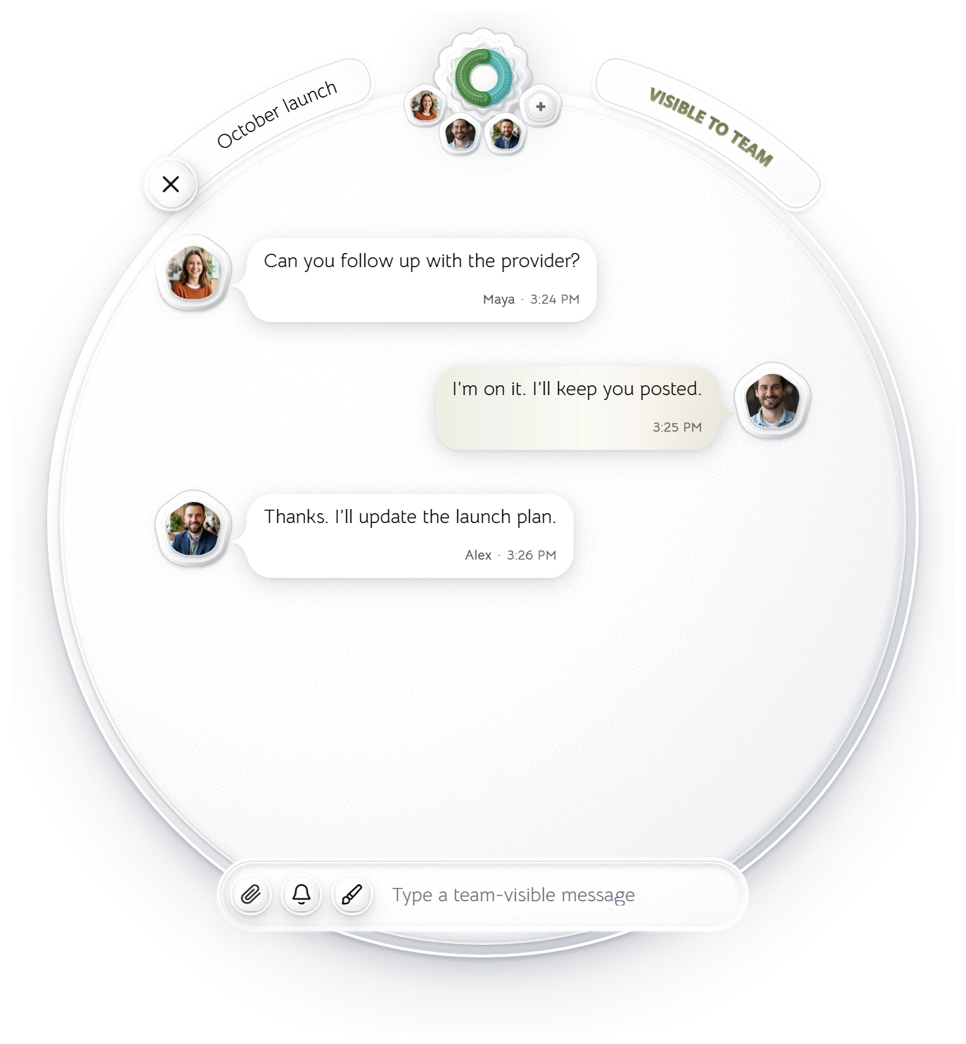 Knit’s circle window with three participants and a message composer. Maya asks for a provider follow-up, Dev offers to handle it, and Alex will update the launch plan.