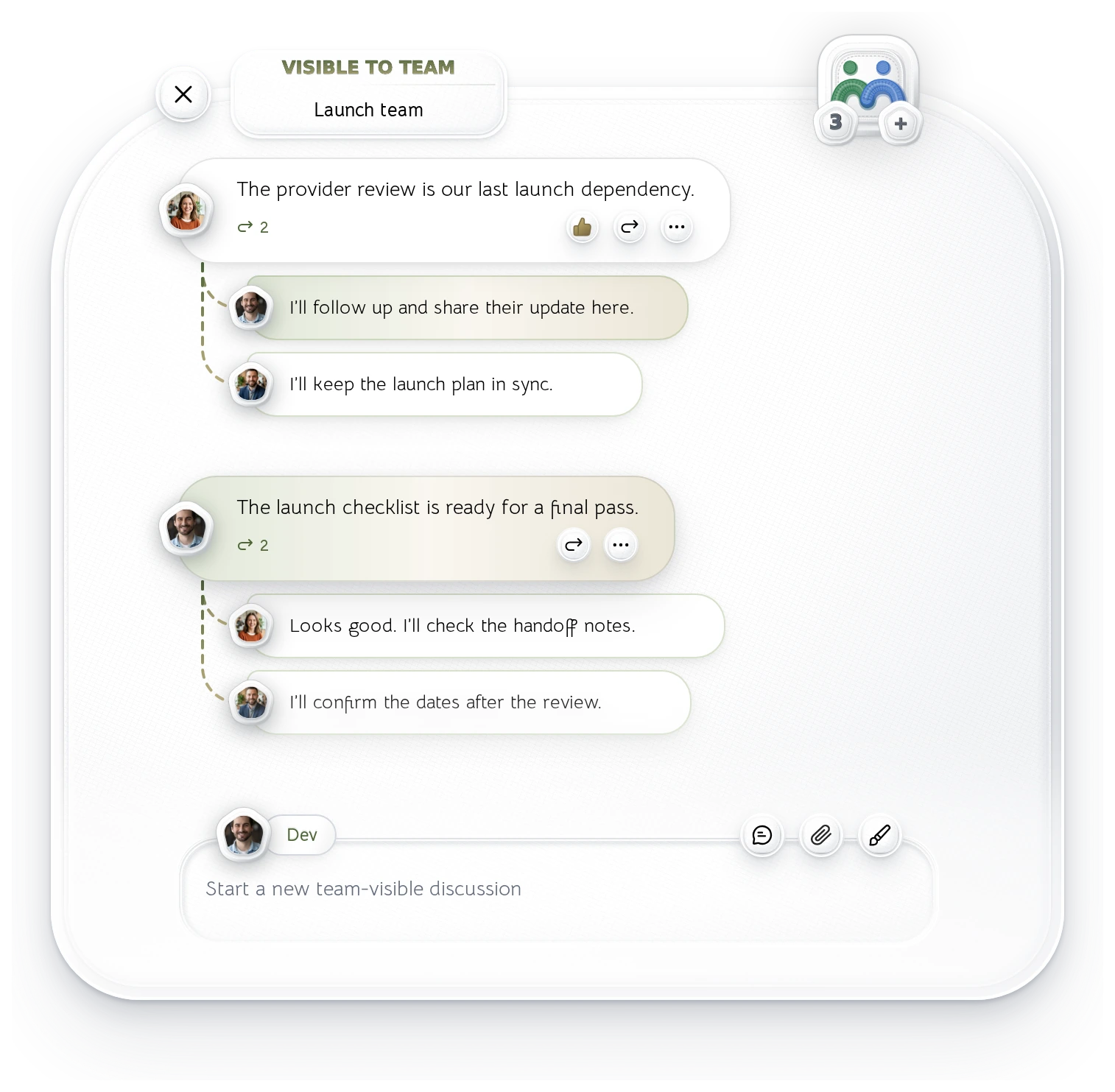 Knit’s Launch team group with two expanded discussion threads. Maya, Dev, and Alex exchange replies about the provider review and launch checklist, connected by indented cards and stitched branches above the discussion composer.