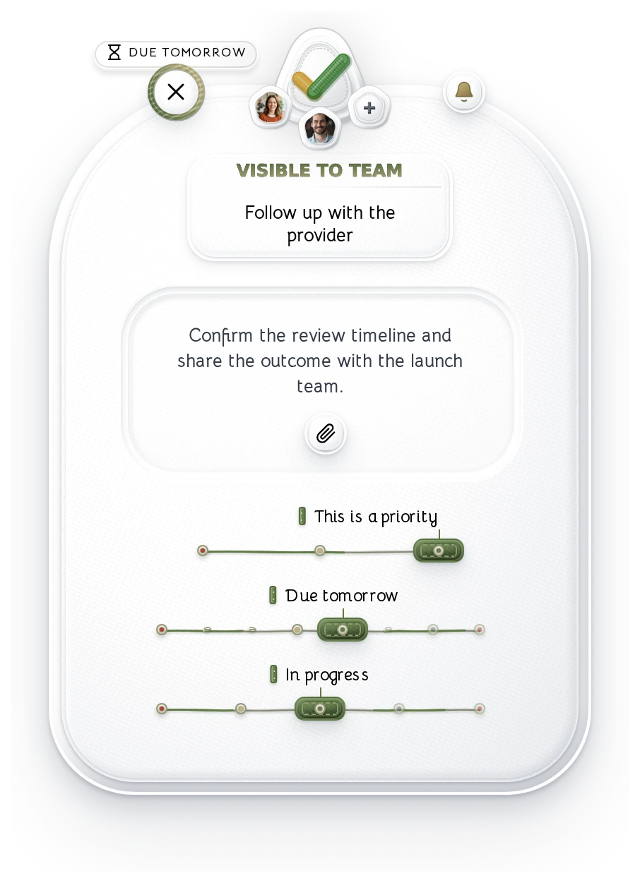 Knit task: Follow up with the provider. Confirm the review timeline and update the launch team. The illustrative task is high priority, due tomorrow, and in progress, with native deadline, attachment, member-invite, and notification controls.